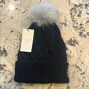 Calia Black Knit Beanie with Gray Pom lined in black fleece